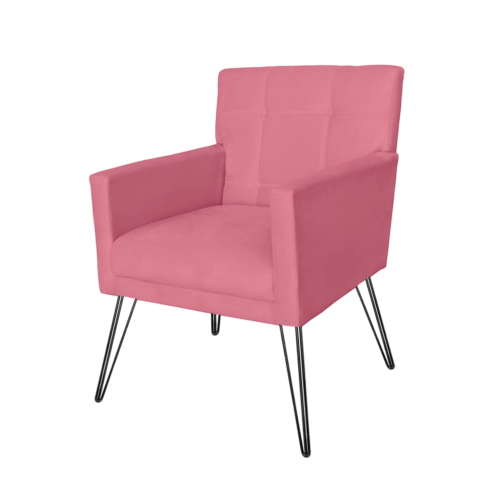 Poltrona Estofada Para Sala de Estar Pés de Ferro Onix Suede Rosa Barbie - LM DECOR