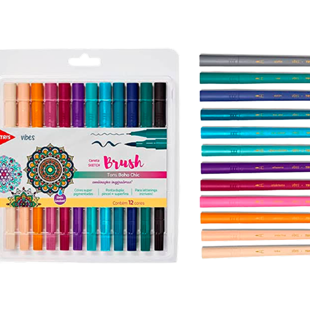 Caneta Sketch Vibes Pincel+Fina 12 cores Boho Chic TRIS