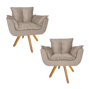 Conjunto 2 Poltrona Estofada Base Giratória De Madeira Clínica Opala Suede Bege - LM DECOR