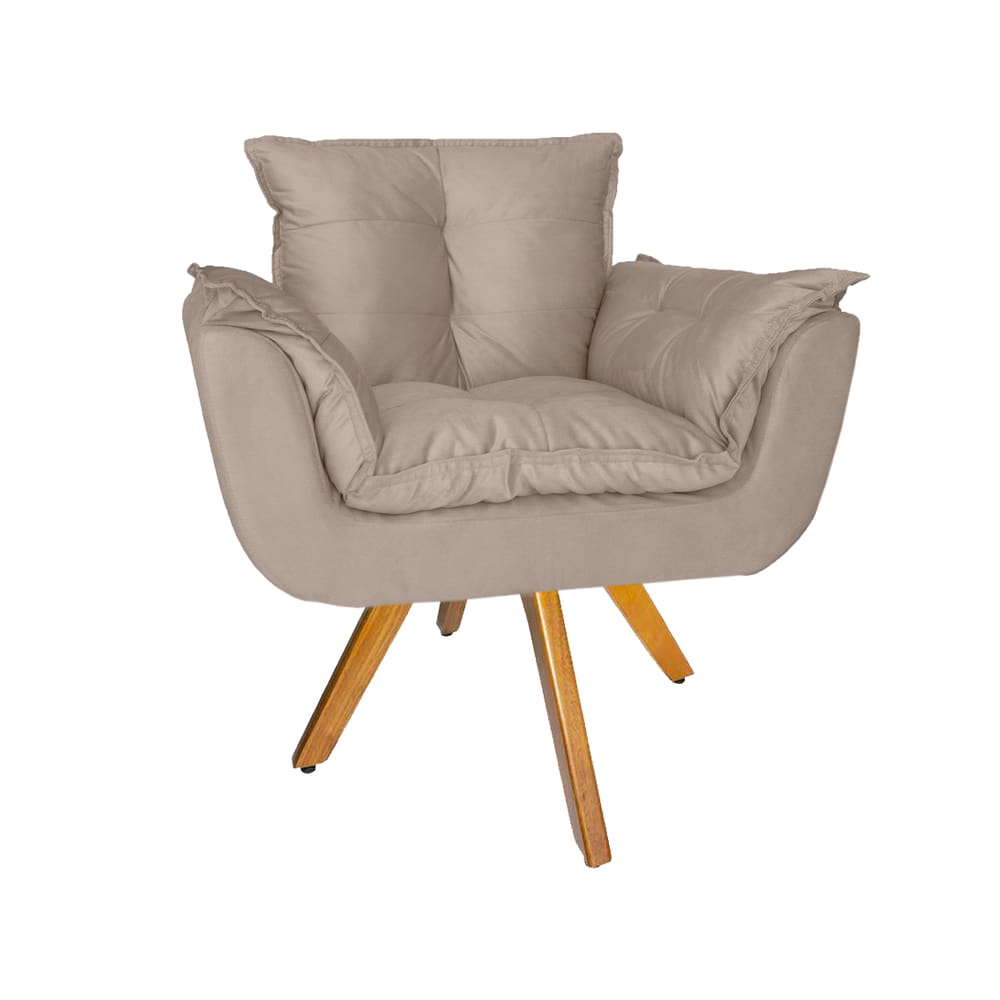 Poltrona Estofada Com Base Giratória De Madeira Sala Comercial Opala Suede Bege - LM DECOR