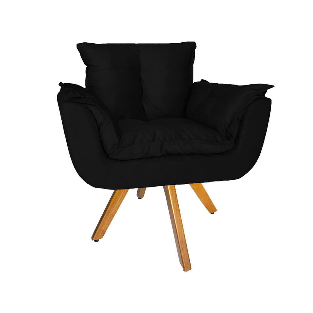 Poltrona Estofada Com Base Giratória De Madeira Sala de Estar Opala Suede Preto - LM DECOR