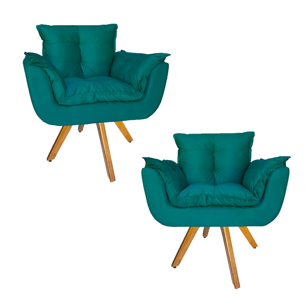 Conjunto 2 Poltrona Estofada Base Giratória De Madeira Clínica Opala Suede Azul Turquesa - LM DECOR