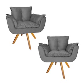Conjunto 2 Poltrona Estofada Base Giratória De Madeira Clínica Opala Suede Cinza - LM DECOR