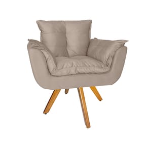 Poltrona Decorativa Com Base Giratória De Madeira Consultório Opala Suede Bege - LM DECOR
