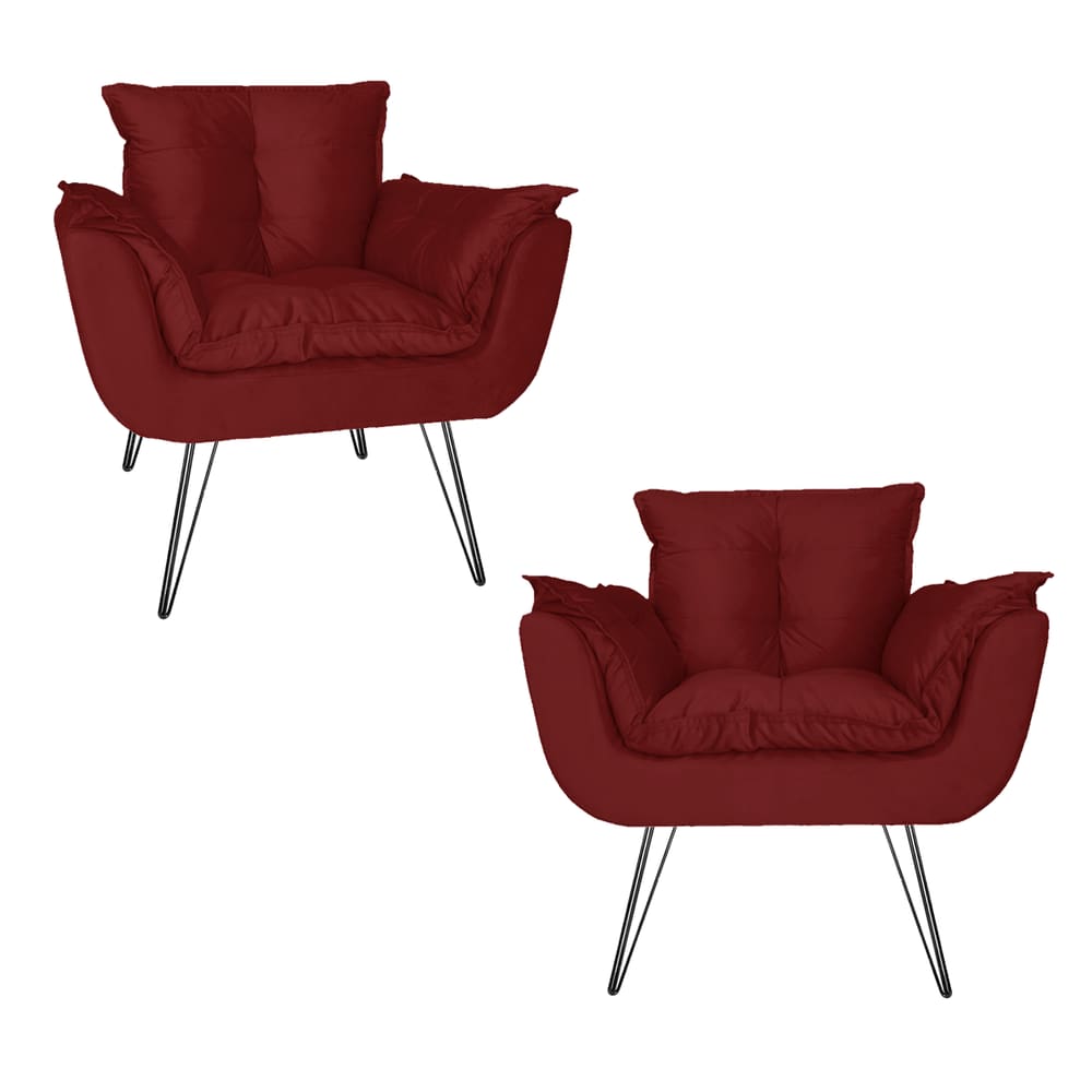 Kit 2 Poltronas Decorativas Sala de Espera Pés de Ferro Opala Suede Vermelho Bordo - LM DECOR