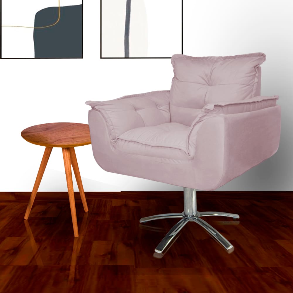 Poltrona Estofada Com Base Giratória de Metal Opala Suede Rose - LM DECOR