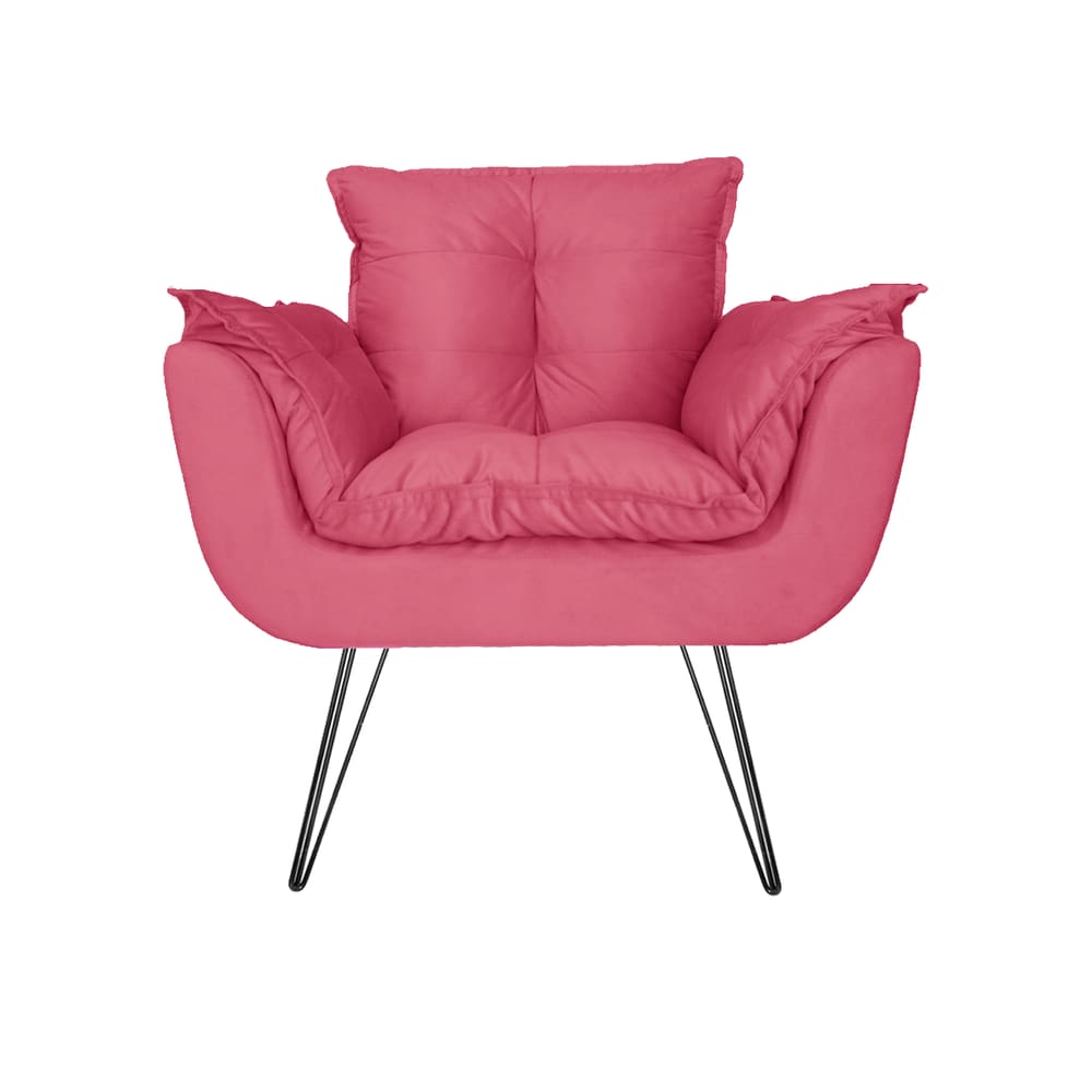 Poltrona Decorativa Para Recepção Com Pés de Ferro Opala Suede Rosa Barbie - LM DECOR