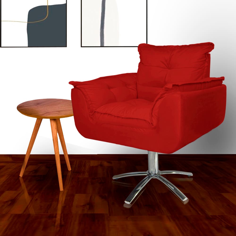 Poltrona Sala de Estar Base Giratória de Metal Opala Suede Vermelho - LM DECOR