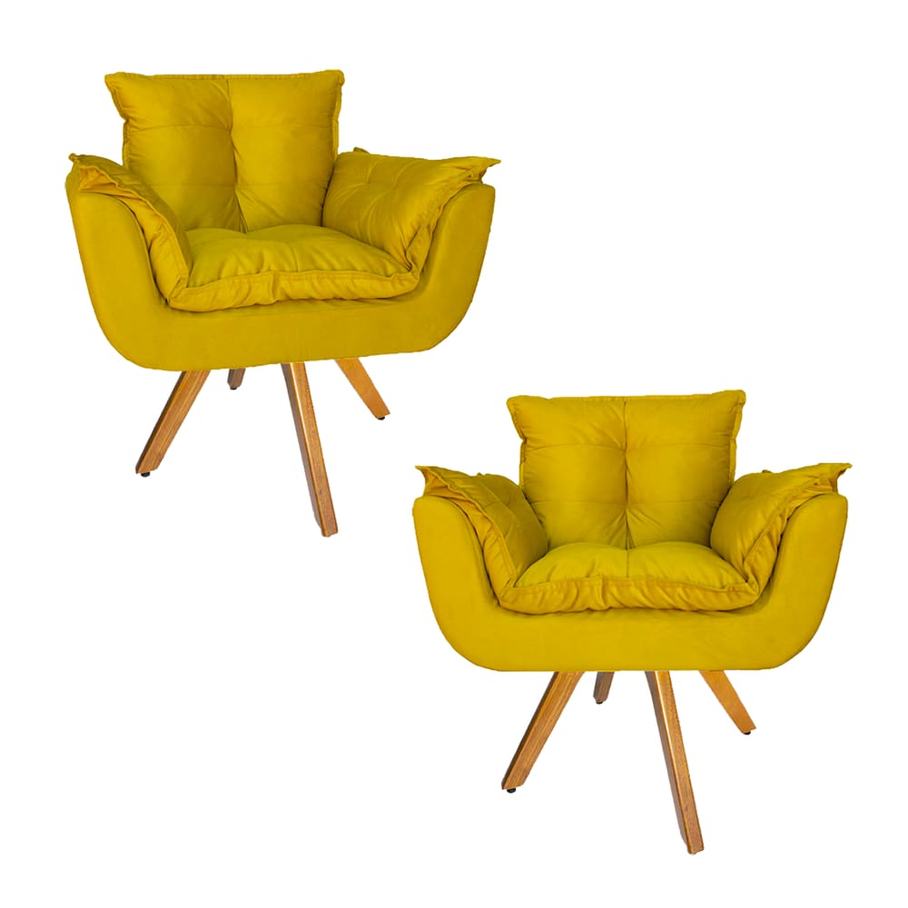 Conjunto 2 Poltrona Estofada Base Giratória De Madeira Clínica Opala Suede Amarelo - LM DECOR