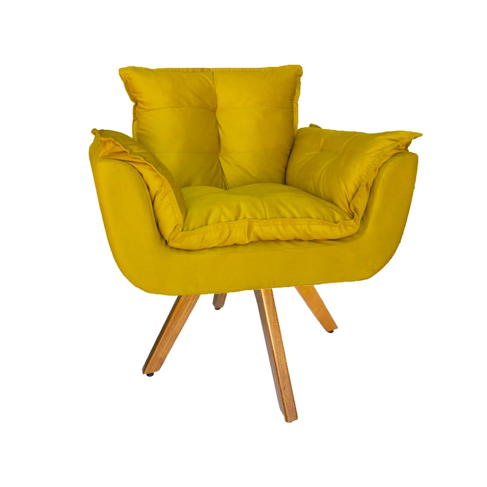 Poltrona Estofada Com Base Giratória De Madeira Sala Comercial Opala Suede Amarelo - LM DECOR