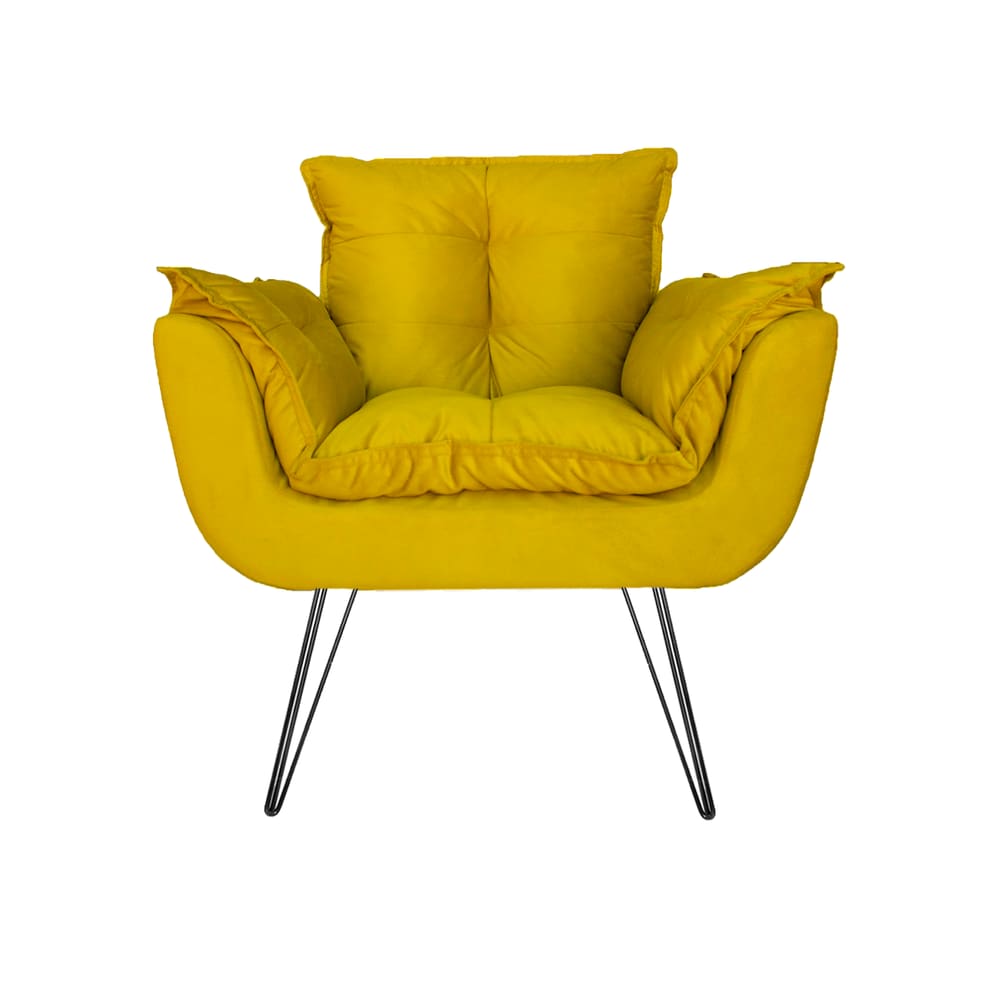 Poltrona Decorativa Para Recepção Com Pés de Ferro Opala Suede Amarelo - LM DECOR