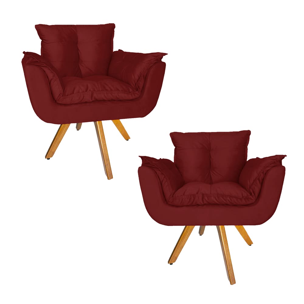 Conjunto 2 Poltrona Estofada Base Giratória De Madeira Clínica Opala Suede Vermelho Bordô - LM DECOR