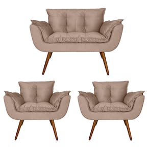 Combo Namoradeira e 2 Poltronas Estofadas Salão de Beleza Opala Suede Bege - LM DECOR