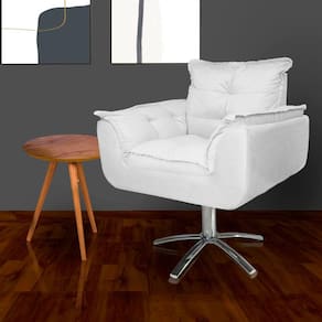 Poltrona Estofada Com Base Giratória de Metal Opala Suede Branco - LM DECOR