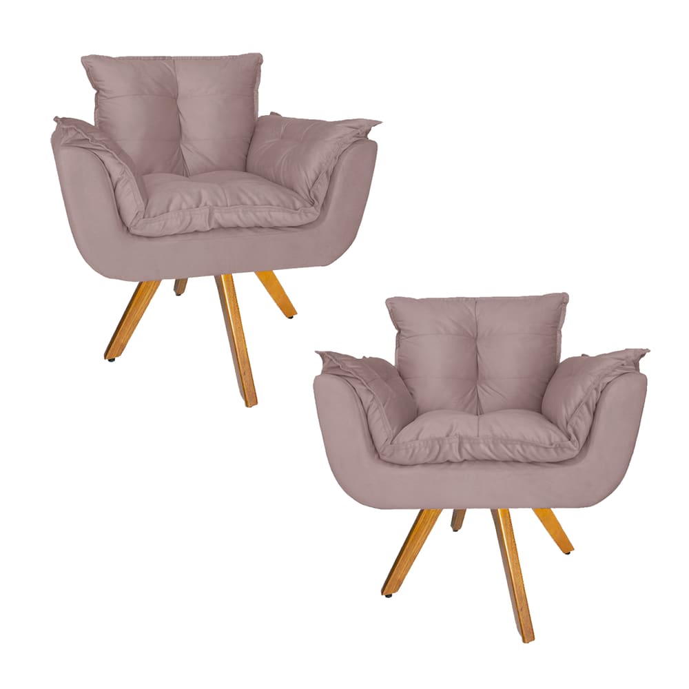 Combo 2 Poltrona Decorativa Base Giratória De Madeira Salão Opala Suede Rose - LM DECOR