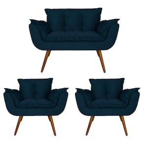 Combo Namoradeira e 2 Poltronas Estofadas Salão de Beleza Opala Suede Azul Marinho - LM DECOR