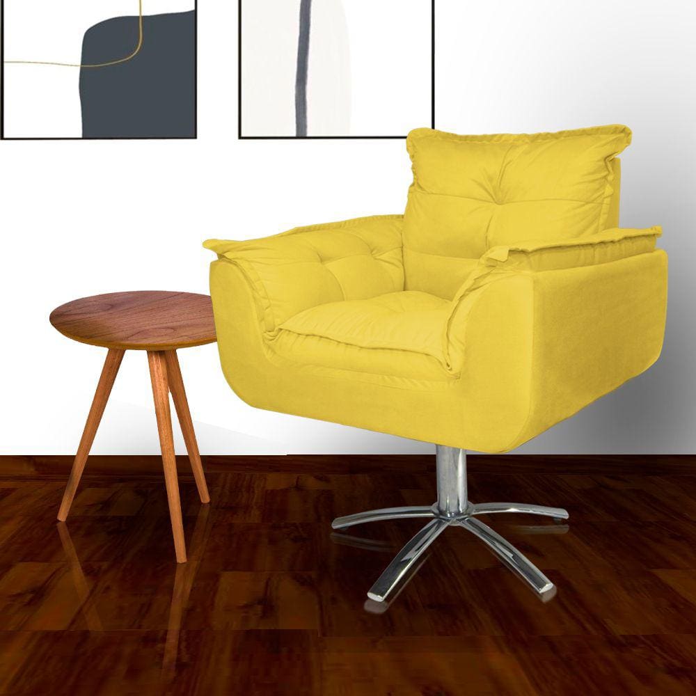 Poltrona Sala de Estar Base Giratória de Metal Opala Suede Amarelo - LM DECOR