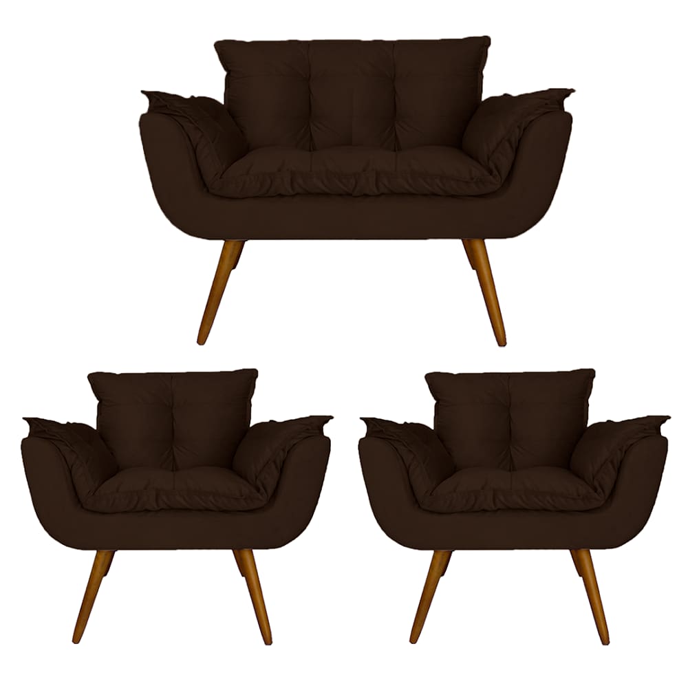 Combo Namoradeira e 2 Poltronas Estofadas Salão de Beleza Opala Suede Marrom - LM DECOR