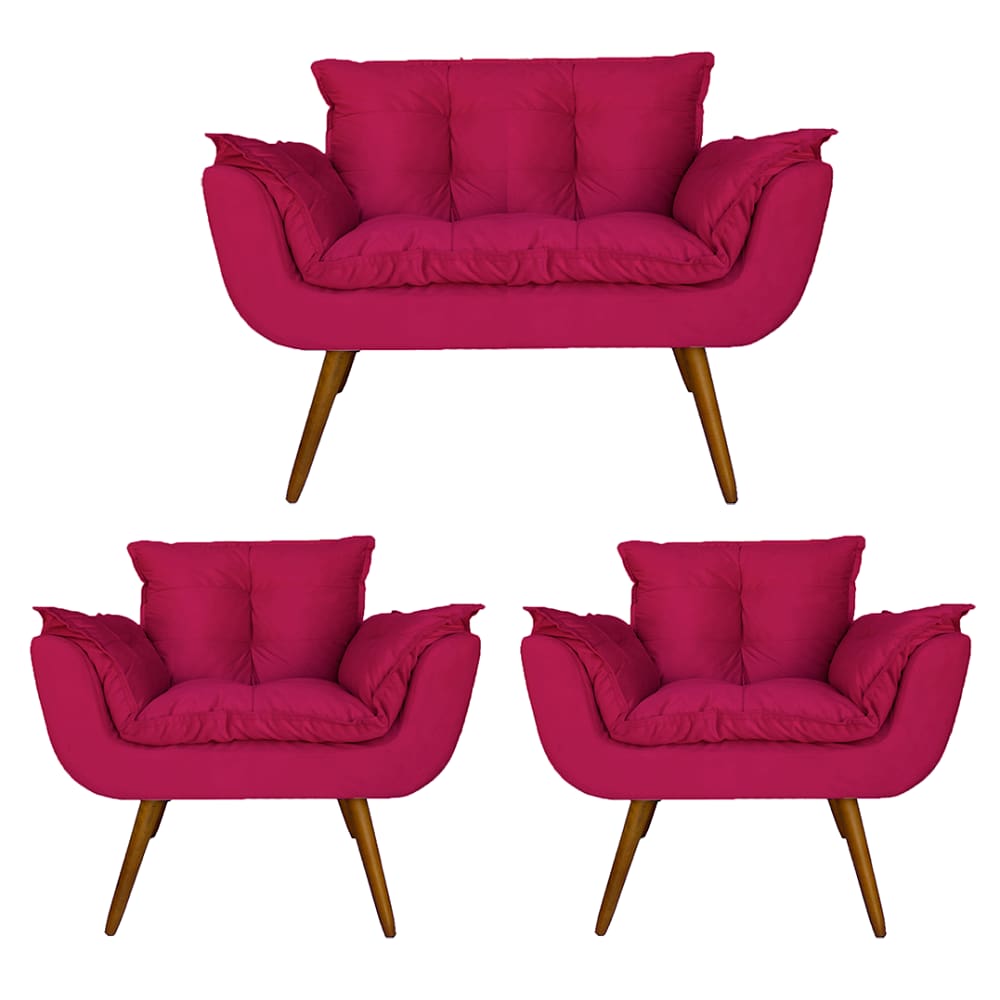Combo Namoradeira e 2 Poltronas Estofadas Salão de Beleza Opala Suede Rosa Pink - LM DECOR