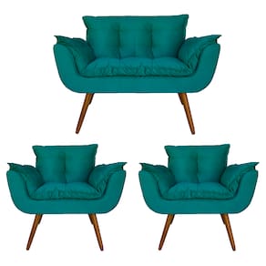 Combo Namoradeira e 2 Poltronas Estofadas Salão de Beleza Opala Suede Azul Turquesa - LM DECOR