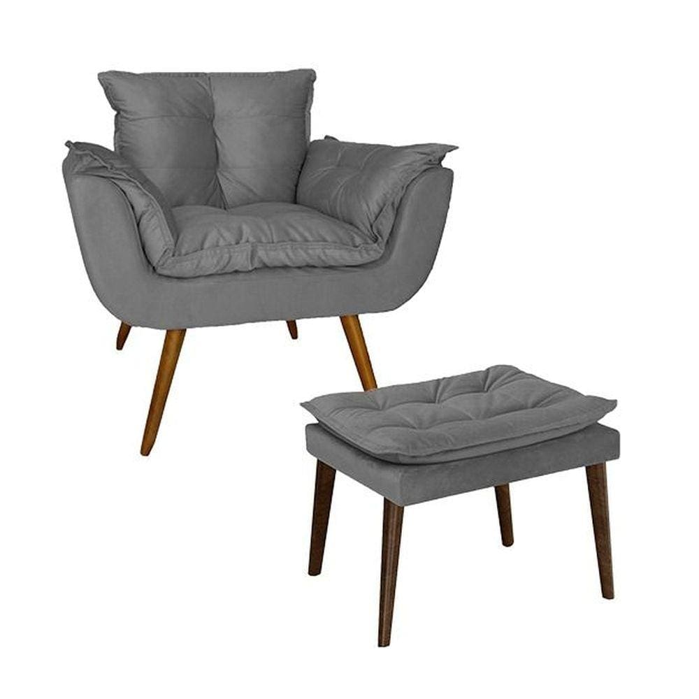 Poltrona Com Puff Opala Estofada Sala de Estar Suede Cinza - LM DECOR