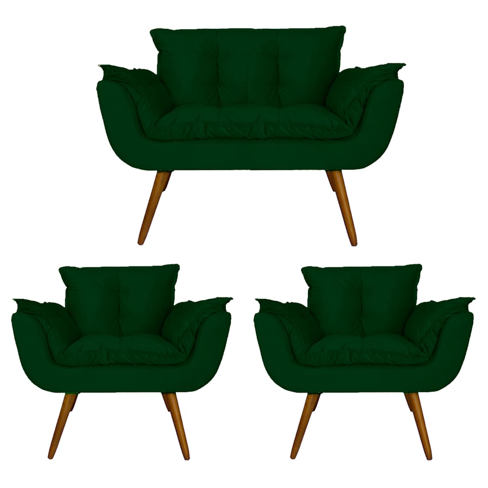 Combo Namoradeira e 2 Poltronas Estofadas Salão de Beleza Opala Suede Verde - LM DECOR