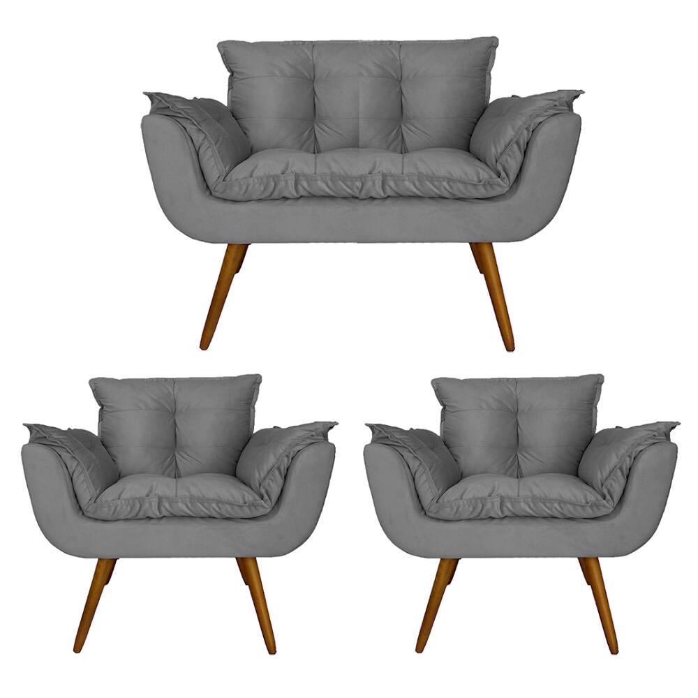 Conjunto Namoradeira e 2 Poltronas Estofadas Hall de Entrada Opala Suede Cinza - LM DECOR