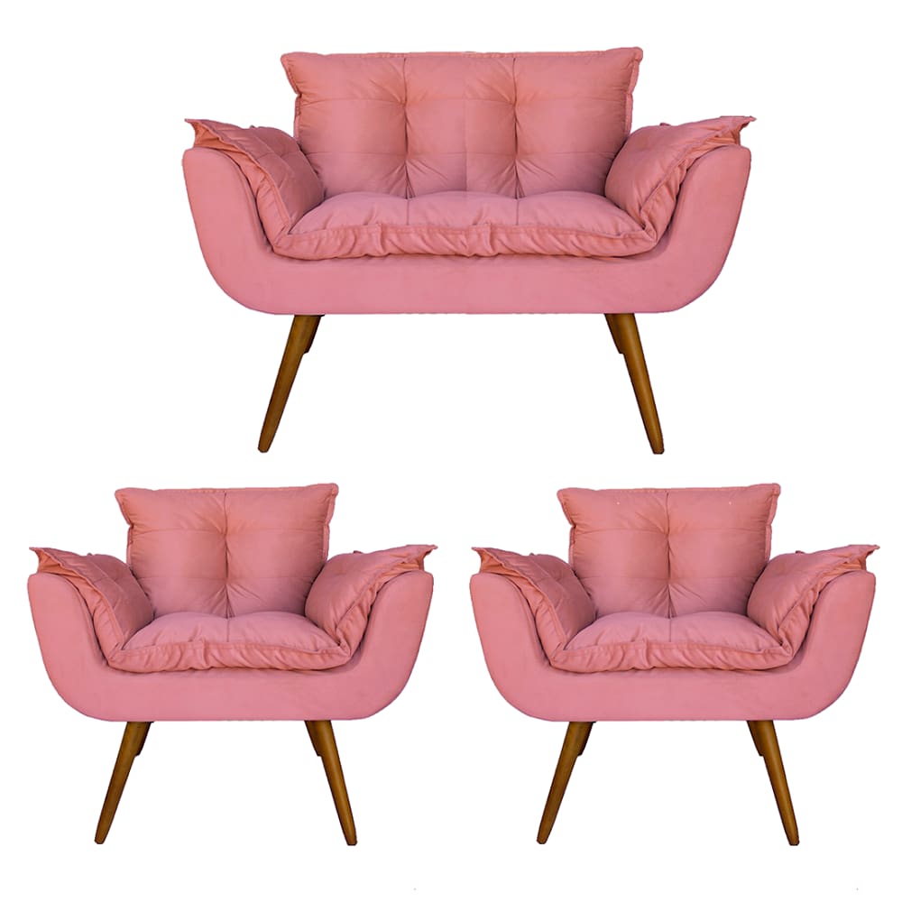 Combo Namoradeira e 2 Poltronas Estofadas Salão de Beleza Opala Suede Rosa - LM DECOR