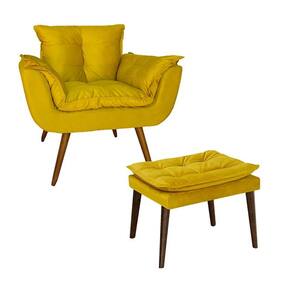 Poltrona E Puff Opala Pés Palito Suede Amarelo - LM DECOR