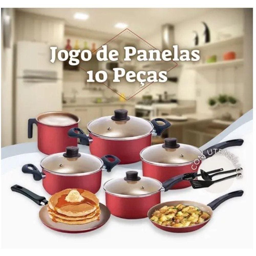 Conjunto de Panelas 10 Peças - Cereja -Antiaderente - Teflon - Tampa de Vidro