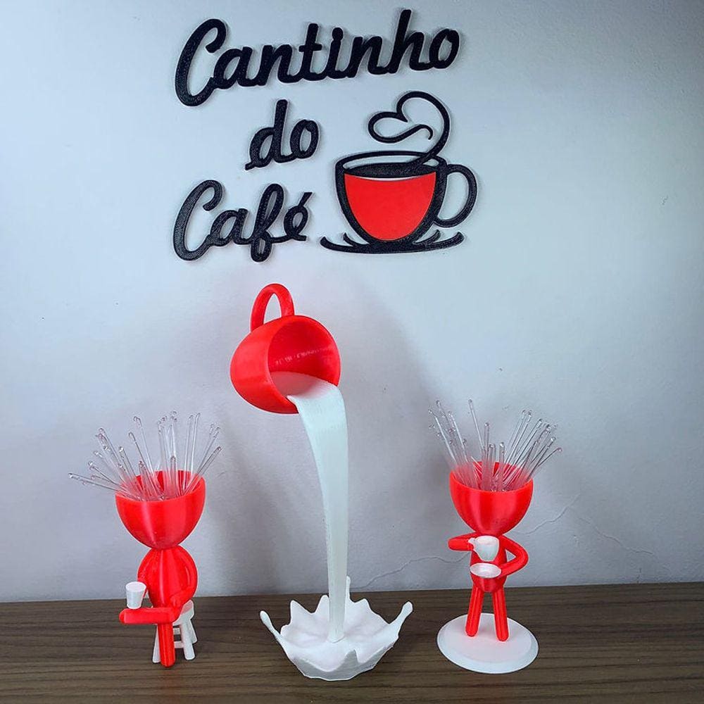 Kit Decorativo Cantinho do Café - Robert Plant Xícara Flutuante e Letreiro - Vermelho Fluorescente