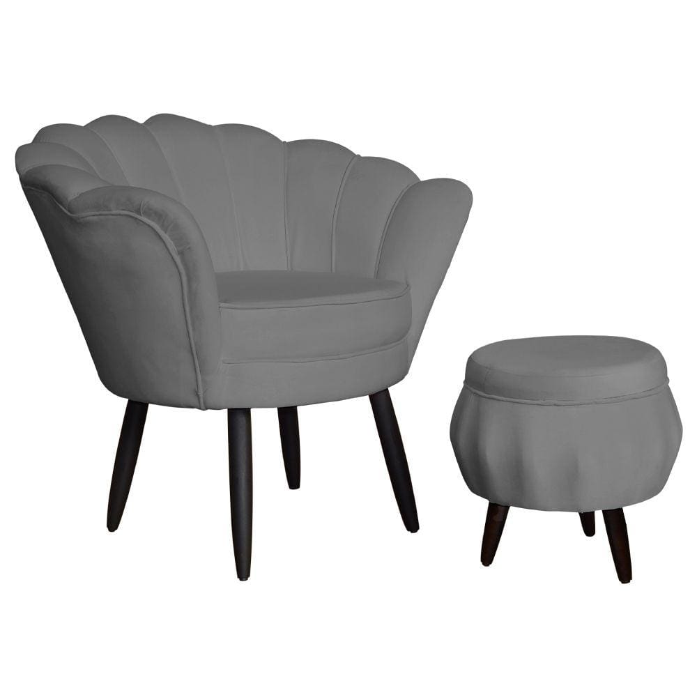 Jogo Poltrona Estofada Com 1 Puff Pés Palito Clínica Pétala Suede Cinza - LM DECOR