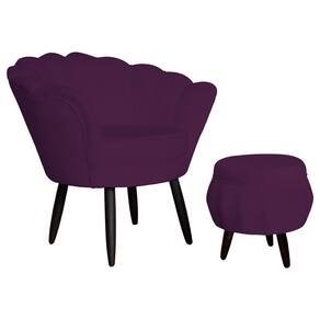 Jogo Poltrona Estofada Com 1 Puff Pés Palito Clínica Pétala Suede Roxo - LM DECOR
