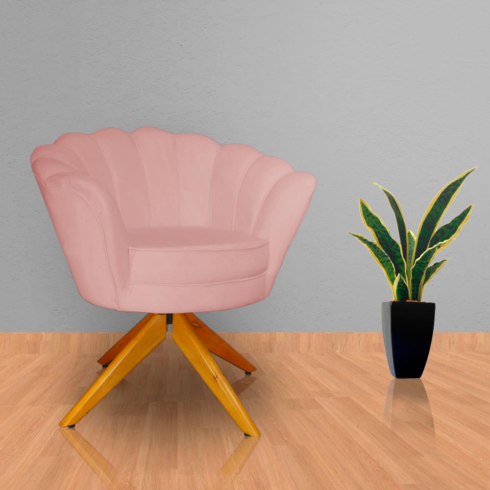 Poltrona Para Escritório Com Base Giratória de Madeira Pétala Veludo Rosa Nude - LM DECOR