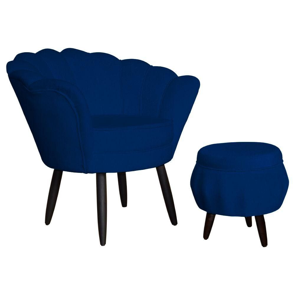Jogo Poltrona Estofada Com 1 Puff Pés Palito Clínica Pétala Suede Azul Marinho - LM DECOR