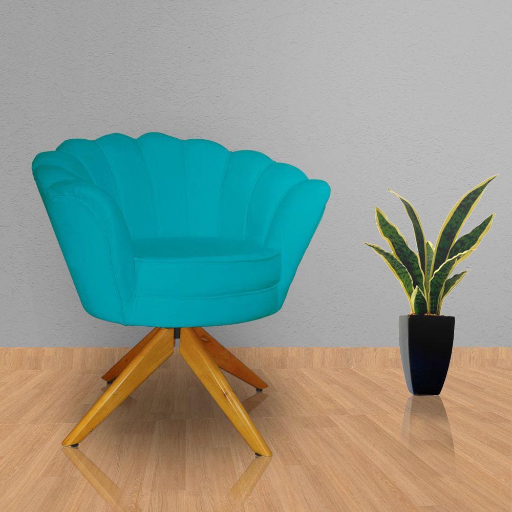 Poltrona Para Escritório Com Base Giratória de Madeira Pétala Veludo Azul Turquesa - LM DECOR