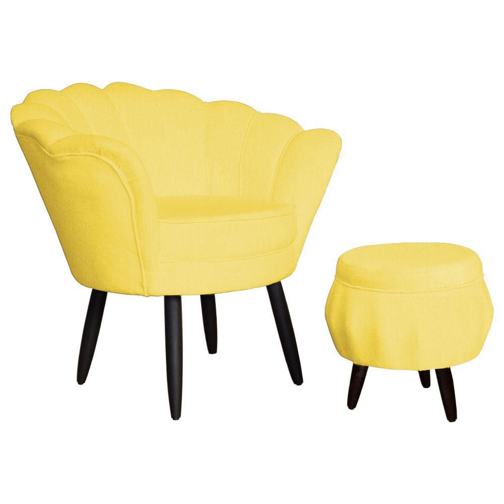 Jogo Poltrona Estofada Com 1 Puff Pés Palito Clínica Pétala Suede Amarelo - LM DECOR