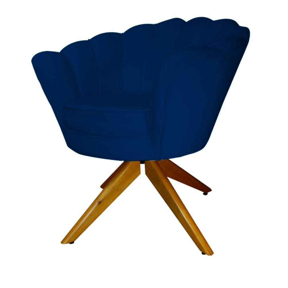 Combo 2 Poltronas Decorativa Com Base Giratória de Madeira Pétala Veludo Azul Marinho - LM DECOR