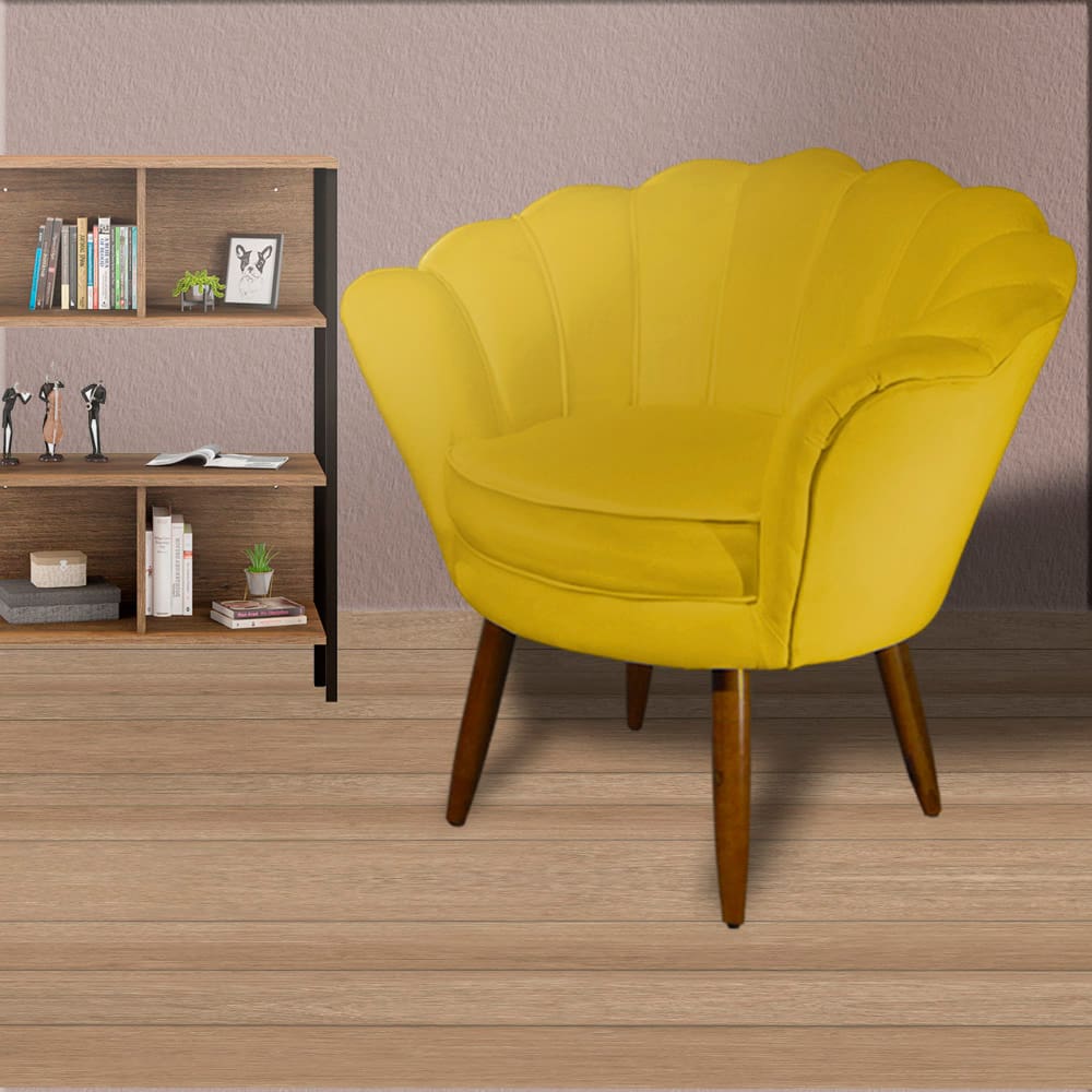 Poltrona Decorativa Estofada Para Salão de Beleza Pétala Suede Amarelo - LM DECOR