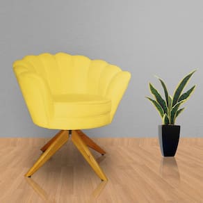 Poltrona Para Escritório Com Base Giratória de Madeira Pétala Suede Amarelo - LM DECOR