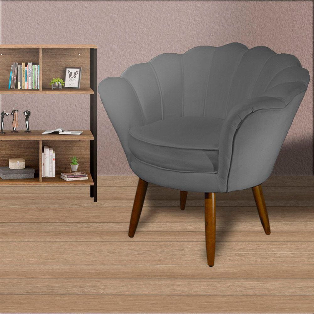 Poltrona Decorativa Estofada Para Hall de Entrada Pétala Suede Cinza - LM DECOR
