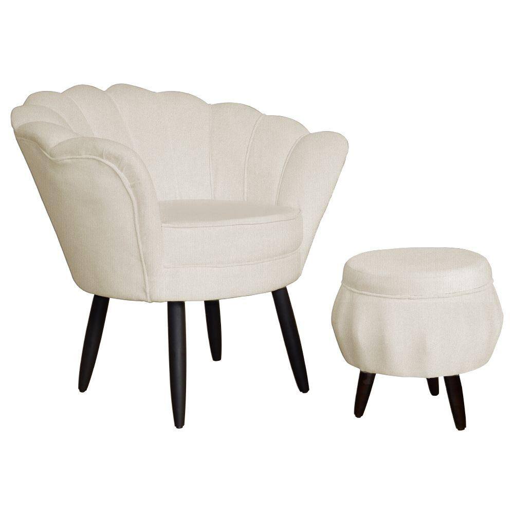 Conjunto Poltrona Estofada Com Puff Sala de Estar Pétala Suede Bege - LM DECOR