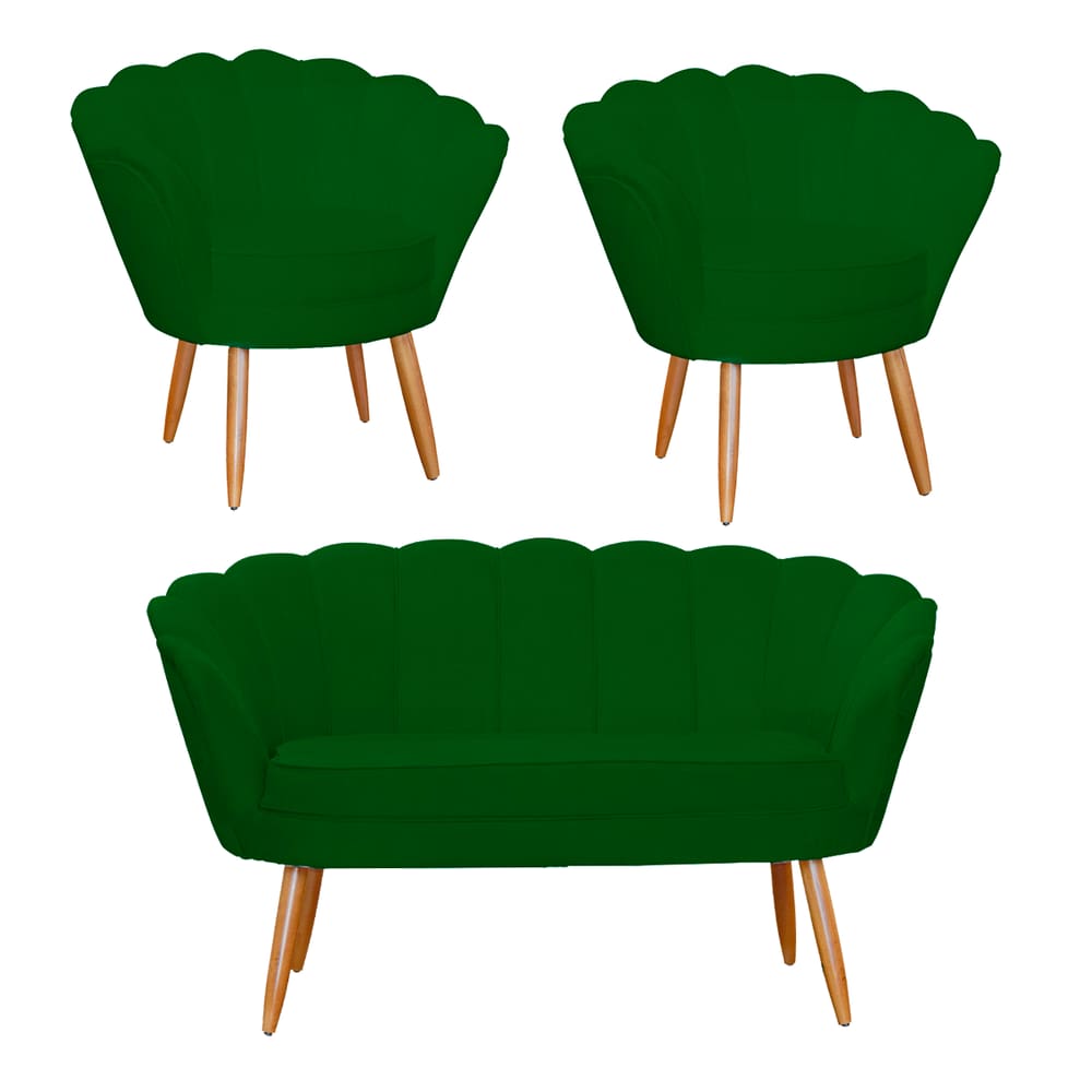 Conjunto Pétala Namoradeira e 2 Poltronas Para Sala de Estar Suede Verde - LM DECOR