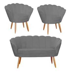 Jogo Pétala Namoradeira e 2 Poltronas Estofada Para Recepção Suede Cinza - LM DECOR