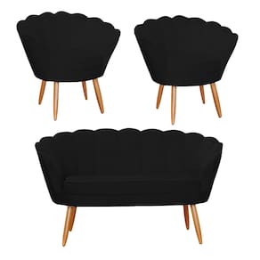 Conjunto Pétala Namoradeira e 2 Poltronas Para Sala de Estar Suede Preto - LM DECOR