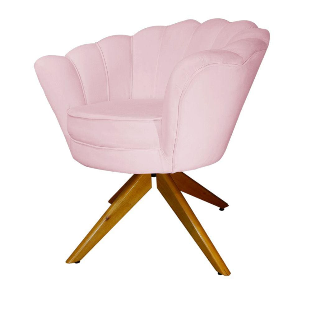 Kit 2 Poltronas Estofada Com Base Giratória de Madeira Pétala Suede Rosa Bebe - LM DECOR