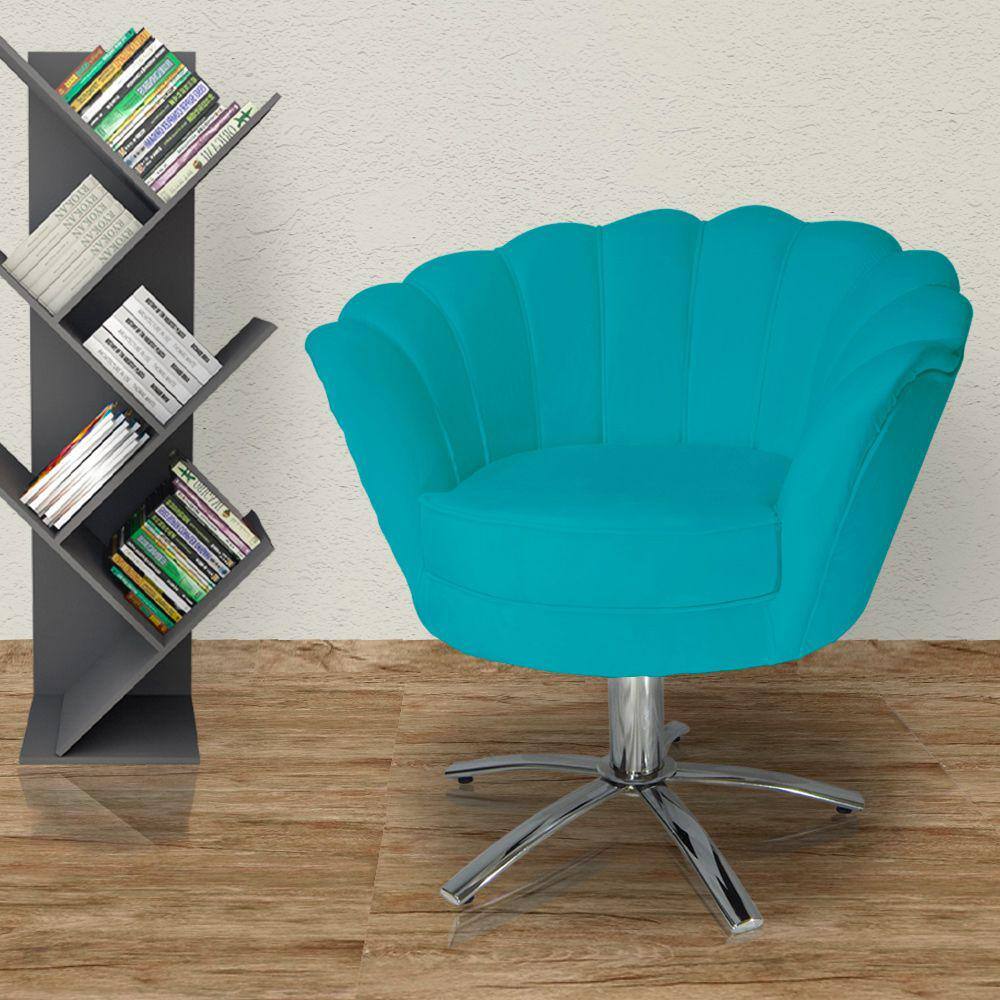 Poltrona Estofada Decorativa 1 Lugar Base Giratória de Metal Pétala Veludo Azul Turquesa - LM DECOR