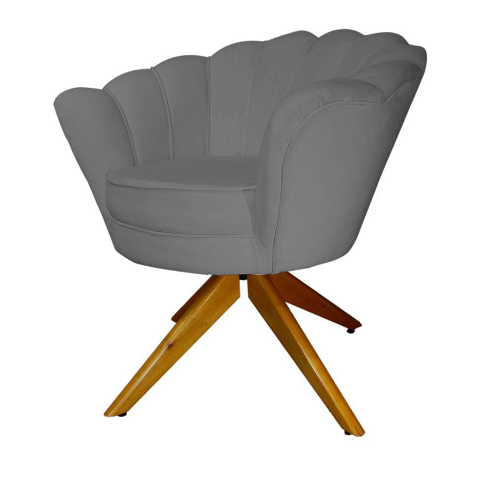 Kit 2 Poltronas Estofada Com Base Giratória de Madeira Pétala Suede Cinza - LM DECOR
