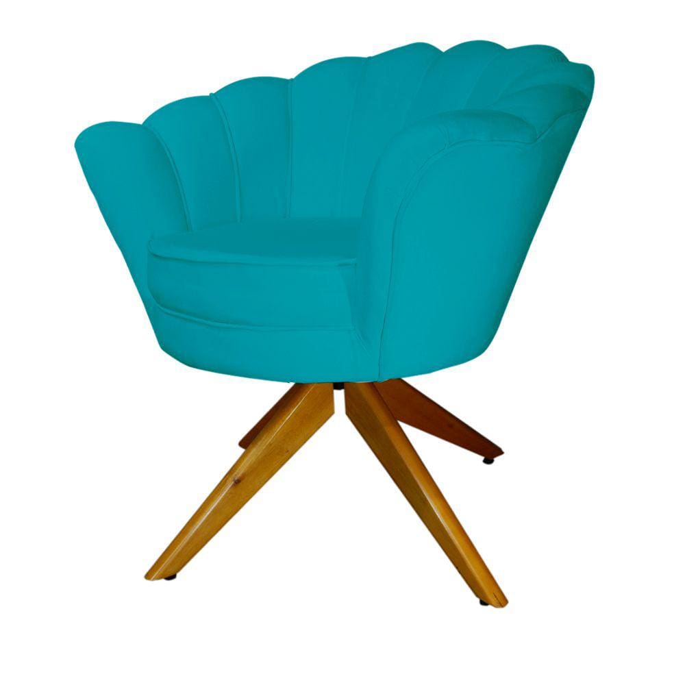 Kit 2 Poltronas Estofada Com Base Giratória de Madeira Pétala Veludo Azul Turquesa - LM DECOR