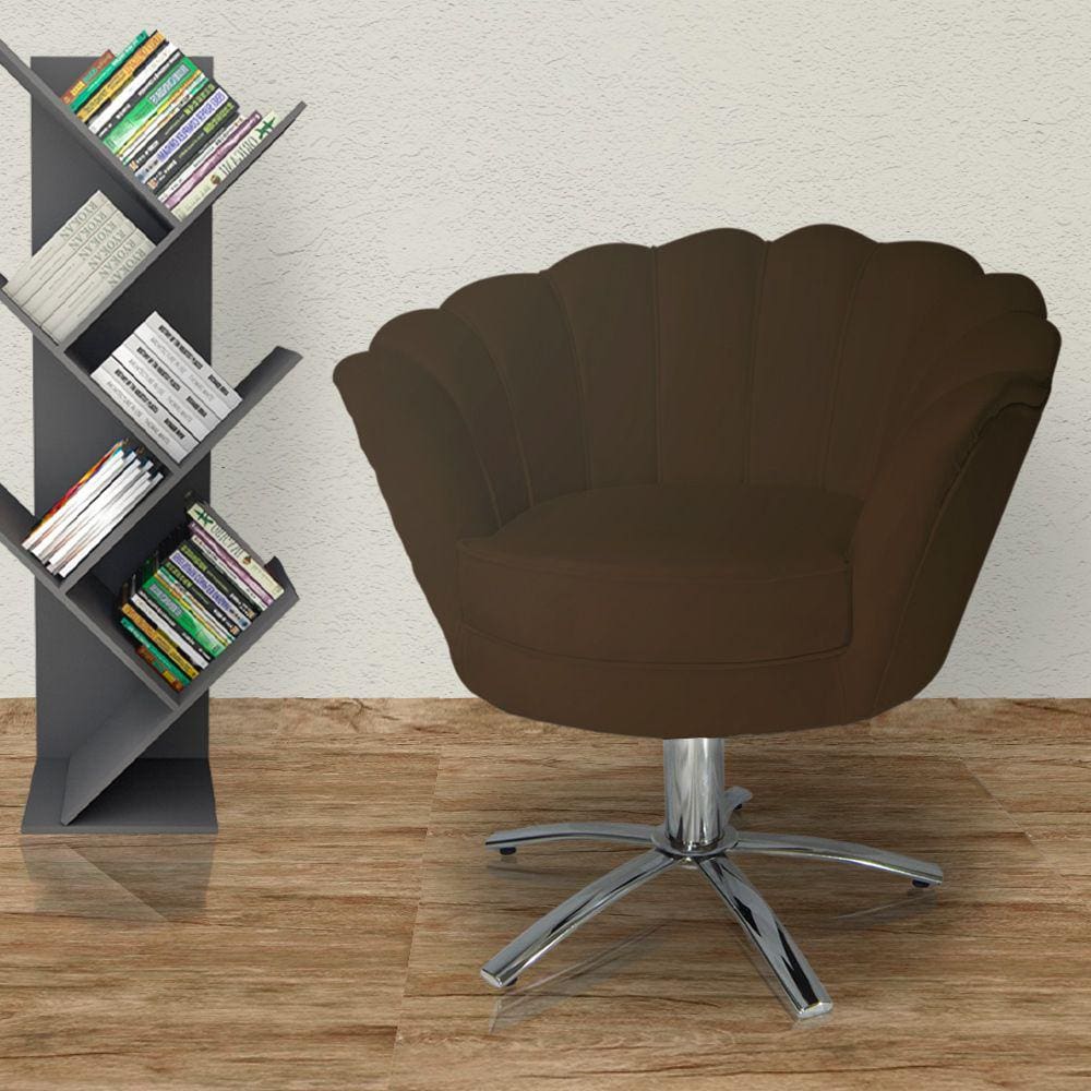 Poltrona Estofada Hall de Entrada Base Giratória de Metal Pétala Suede Marrom - LM DECOR